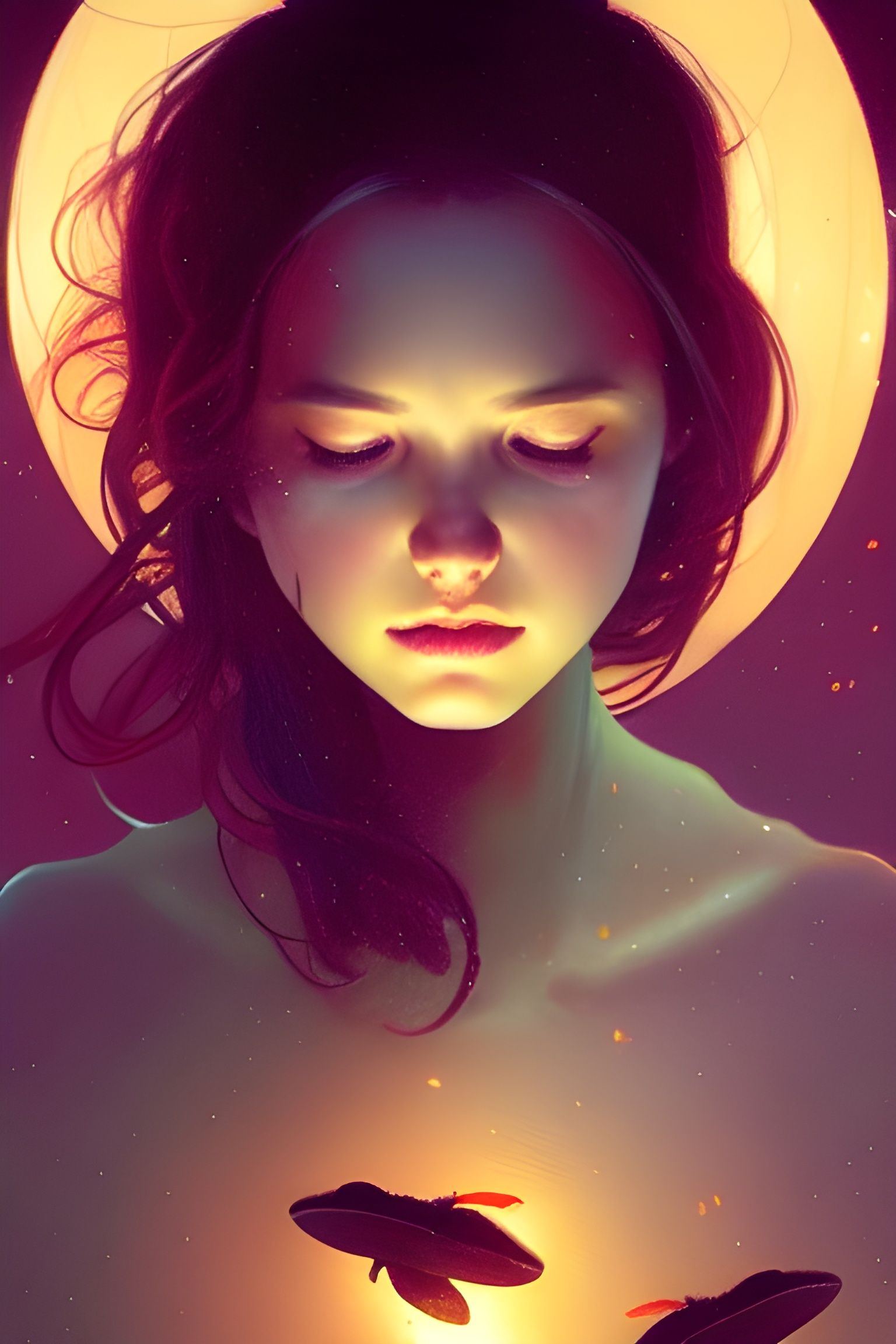 Girl and Fireflies Portrait in Watercolor Style