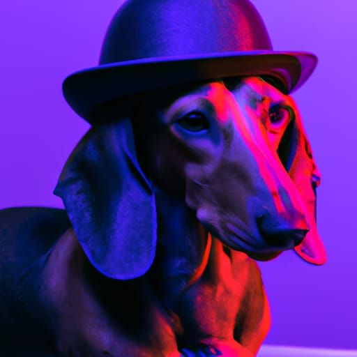 Dachshund in Hat in Cyberpunk Neon City