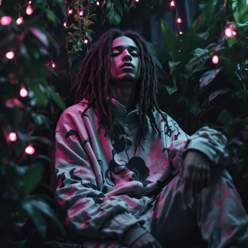 Man with Dreadlocks Surrounded by Pink Lights