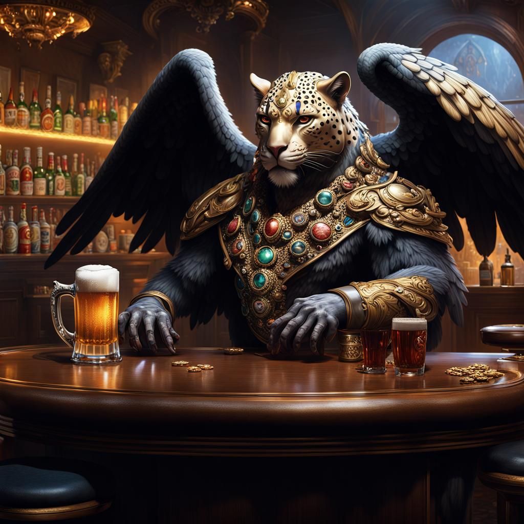 Winged Leopard Giant Socializing in Dark Fantasy Style