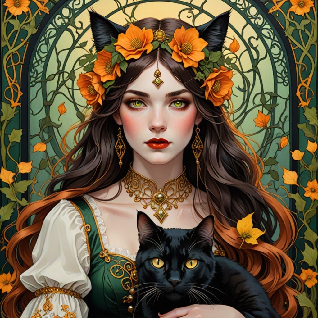 Witchy Woman Holding Black Cat in Art Nouveau Style