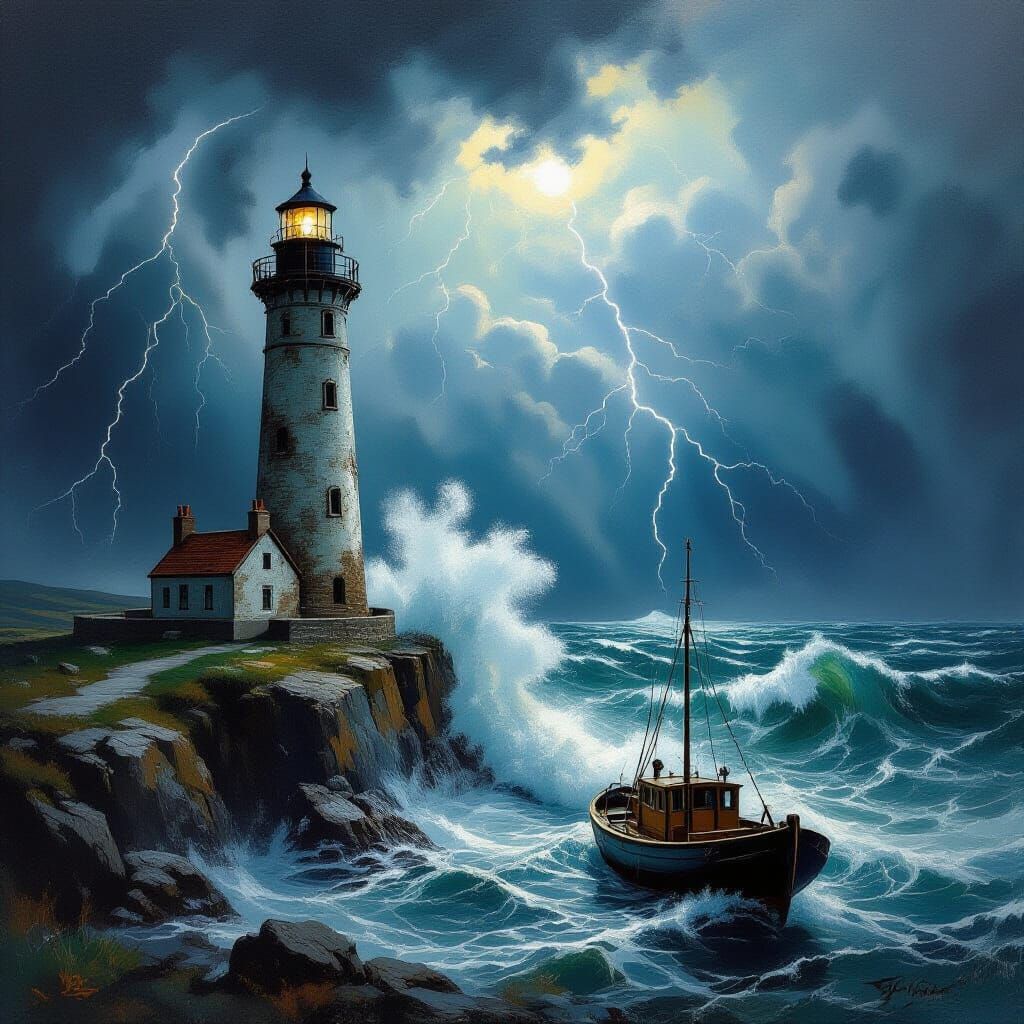 Majestic Lighthouse on Rugged Cliff in Stormy Seas