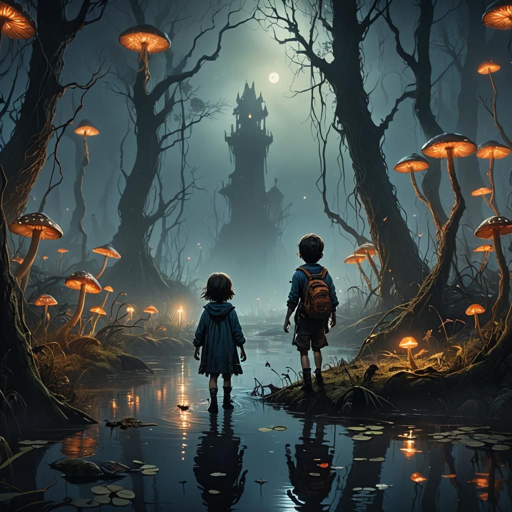 Child Follows Will-o'-the-Wisp in Dark Fantasy Swamp