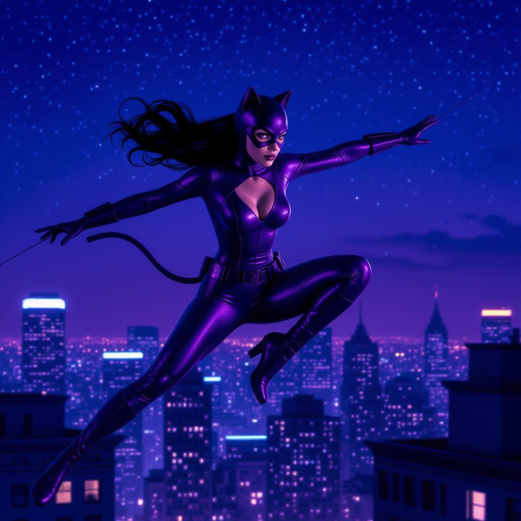 Catwoman Leaping Over Rooftops in Deep Purple Catsuit