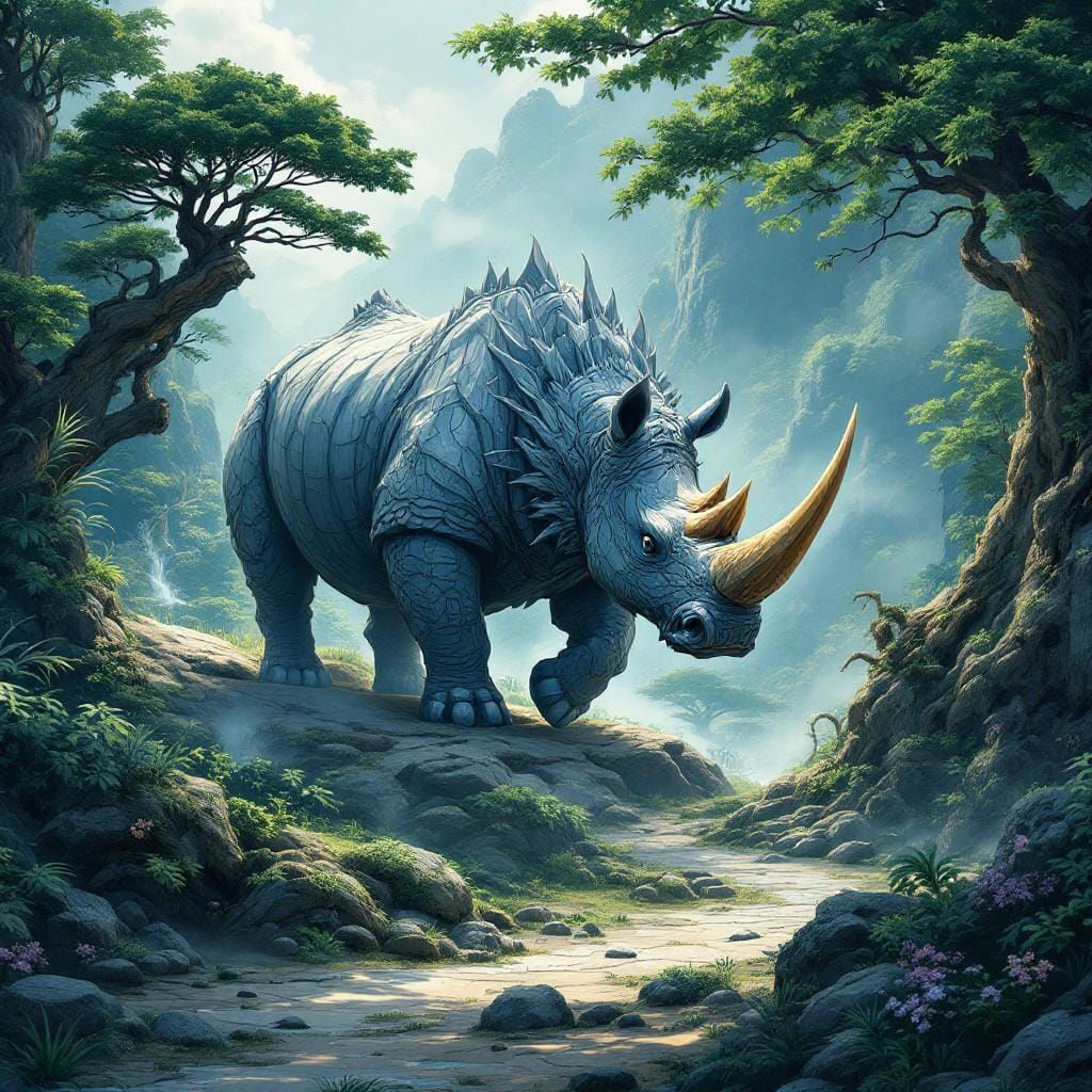 Fantasy Rhino in Dragon Style Anime Landscape