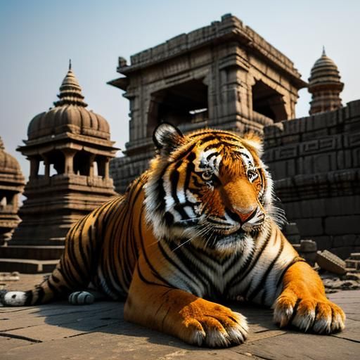 Tiger Yawns at Ancient Temple Ruins