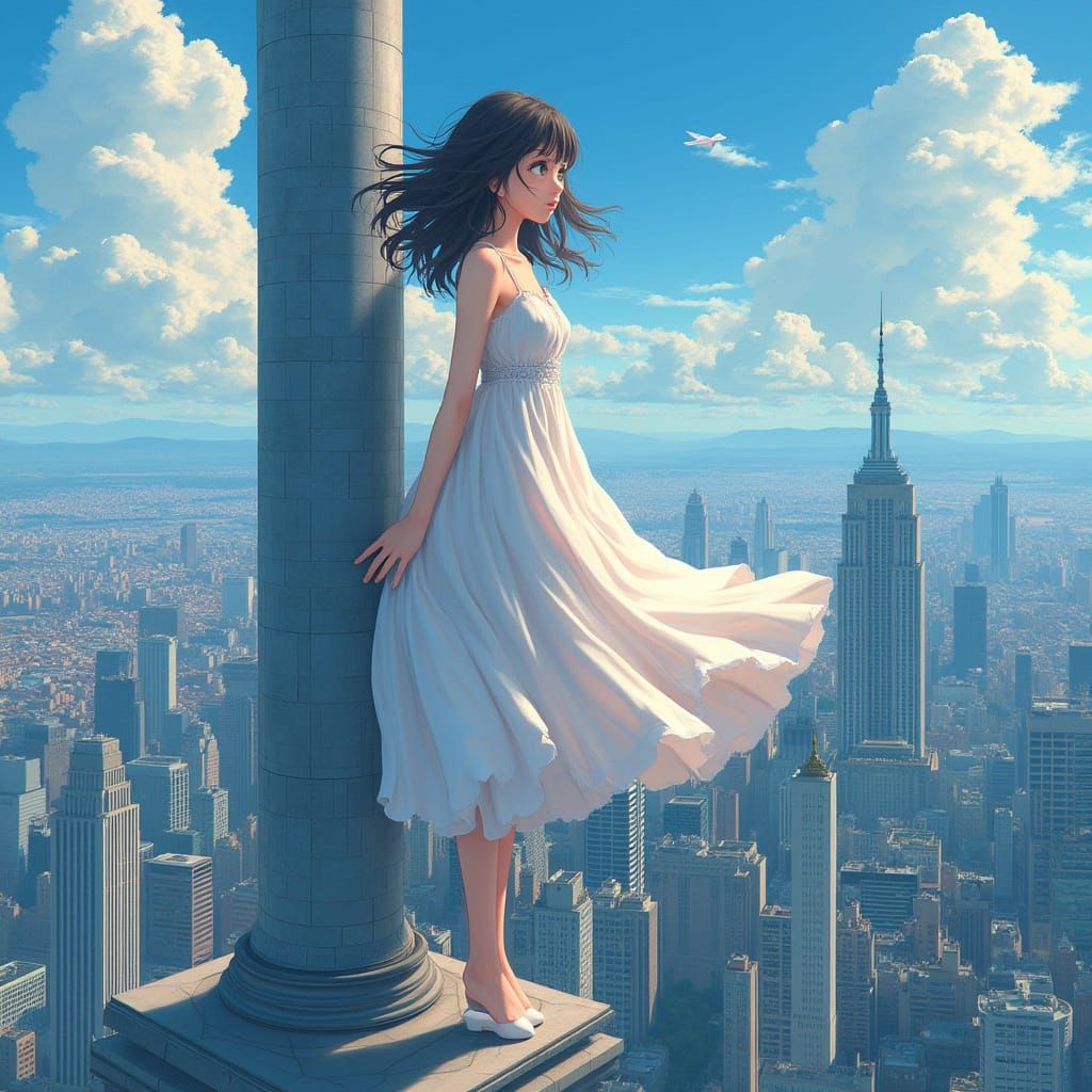 Giant Girl Towers Over Cityscape in Manga Style
