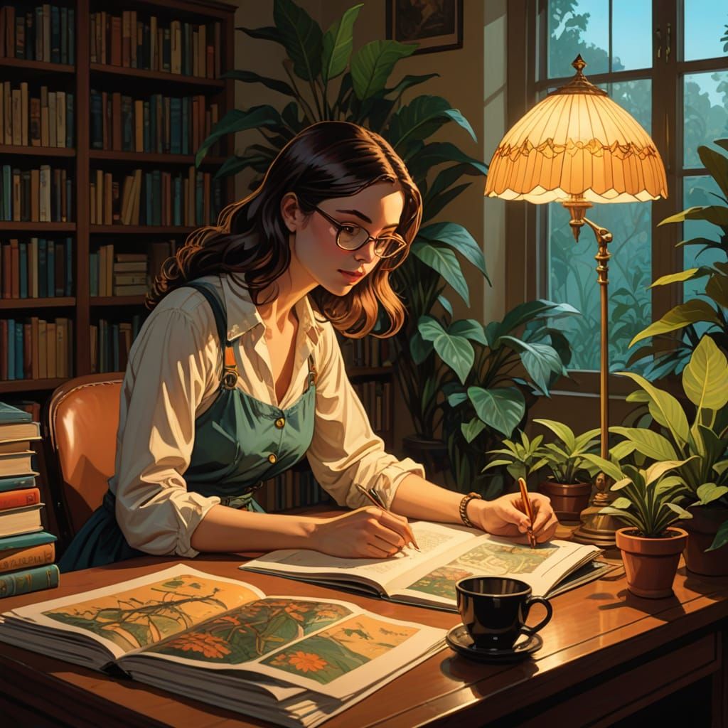 Geek Reading Comic Book in Cozy Library with Tiffany Lamp
