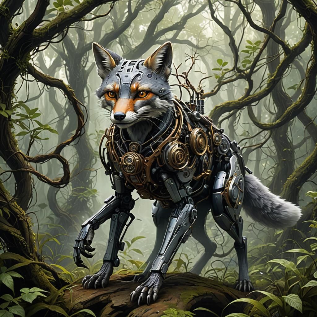 Grey Fox Navigating Undergrowth with Steampunk Engine
