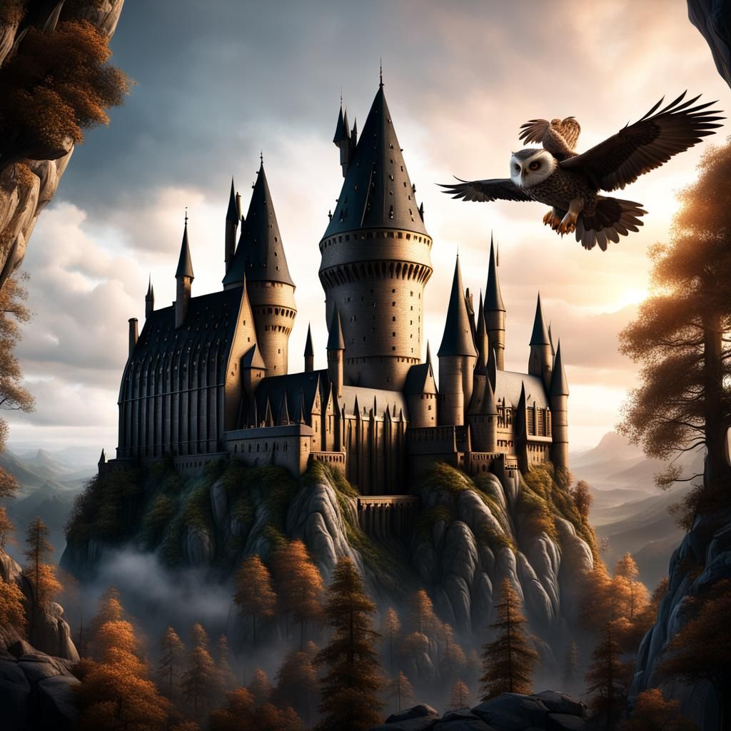 Detailed Matte Painting of Hogwarts with Owls