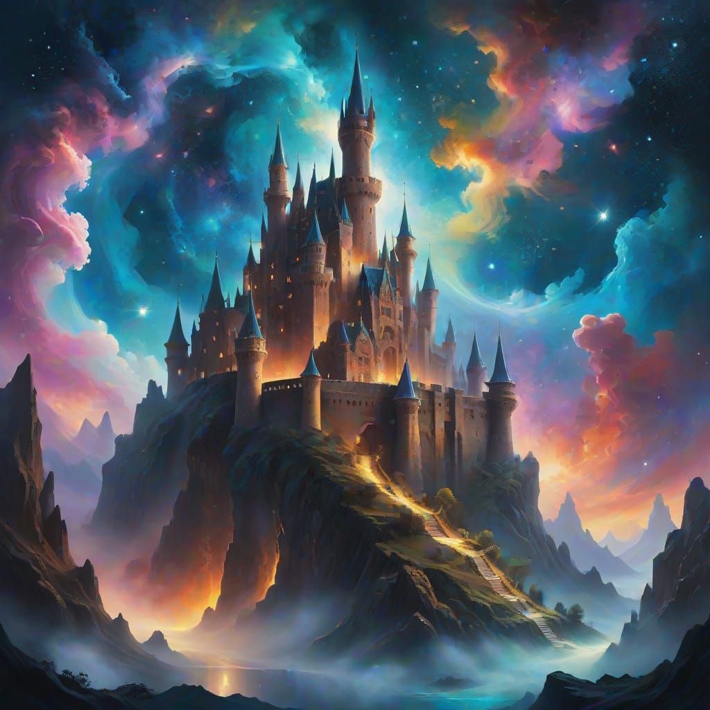 Ancient Cosmic Castle Against Nebula in Dark Fantasy Style