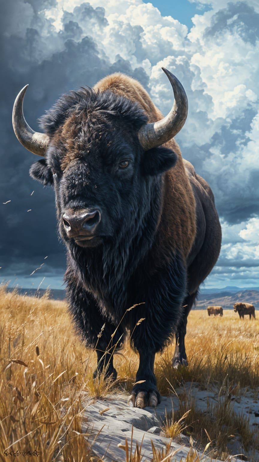 Bison in Dramatic Landscape: Impressionist Wildlife Painting