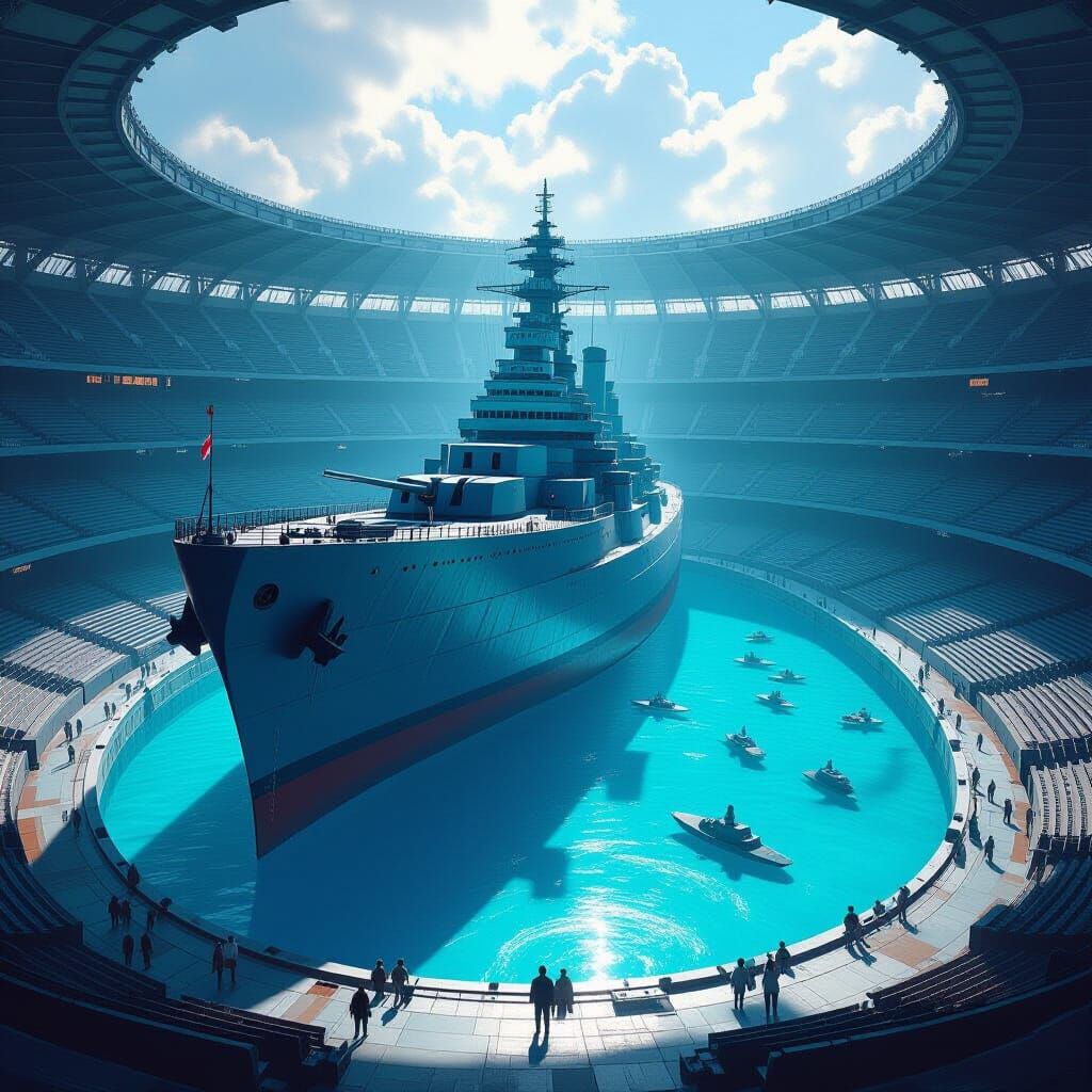 Futuristic Stadium with Battleship, Matte Painting Style