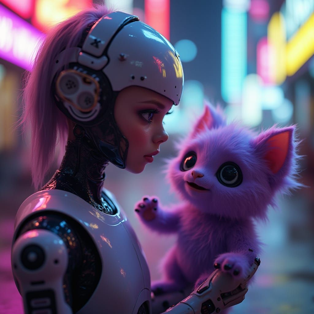 Cyborg Girl Connects with Alien Friend in Neon City