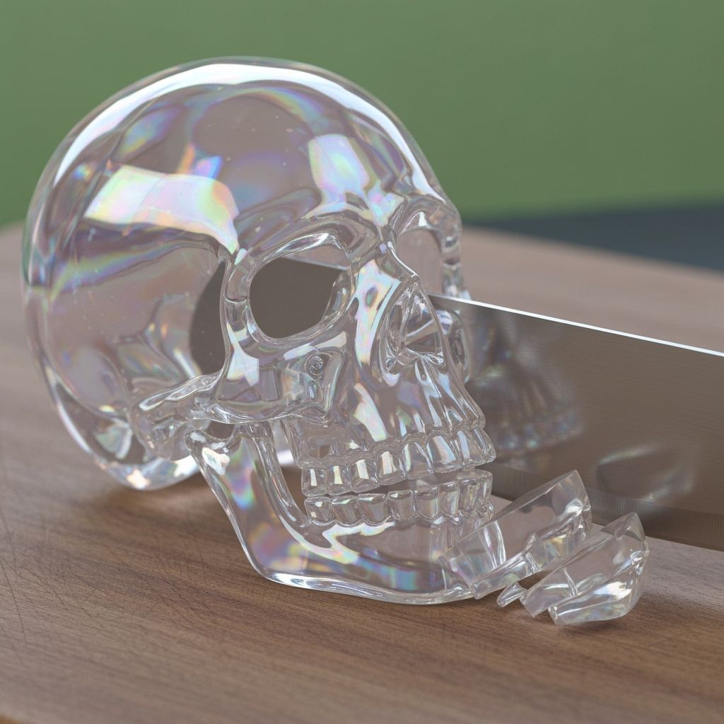 Crystal Skull Sliced by Knife on Cutting Board