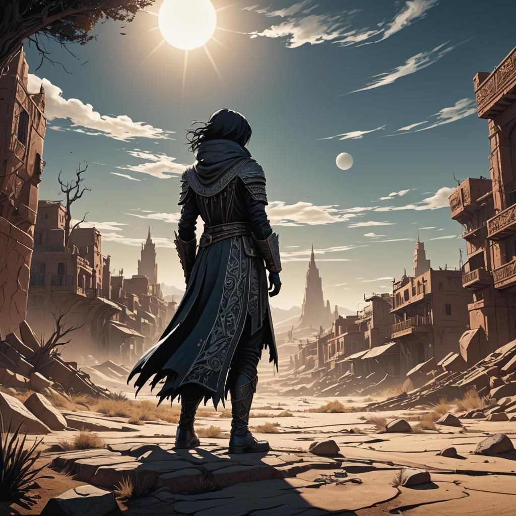 Lone Figure in Sunlit Landscape, Detailed Matte Painting