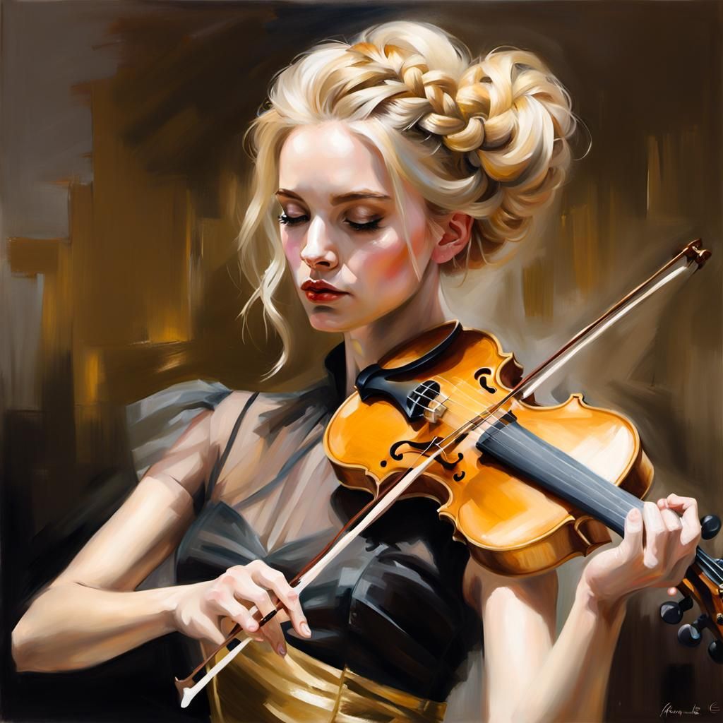 Blonde Girl Playing Violin as Oil Painting
