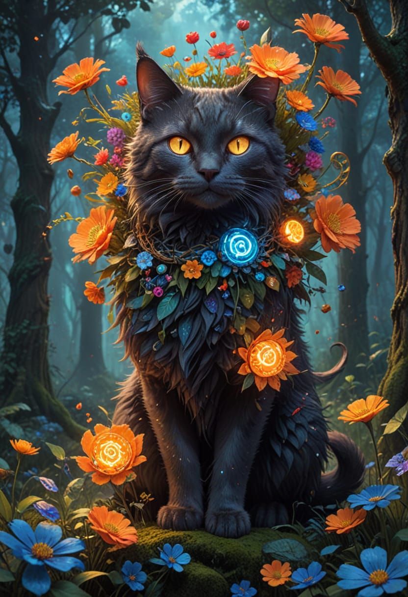 Vibrant Cat in Mystical Forest with Celtic Symbols and Glowi...