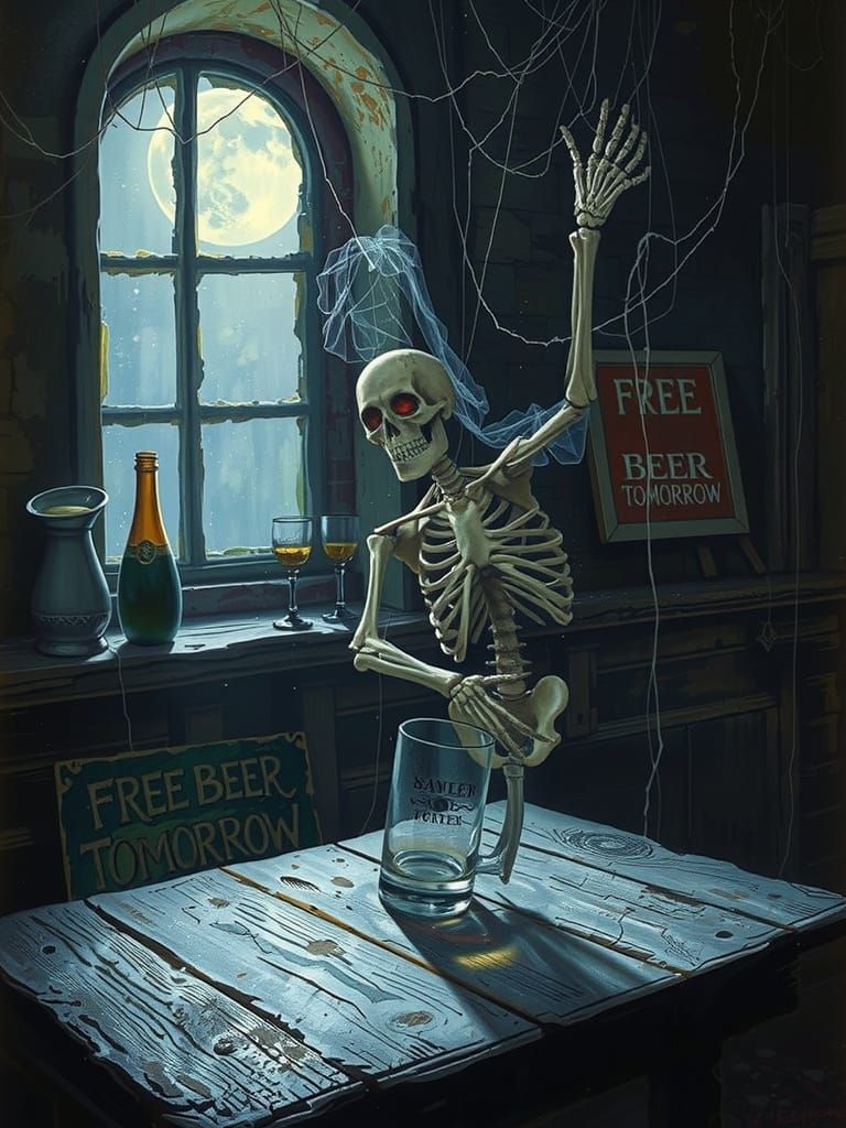 Skeleton Waits for Beer in Abandoned Gothic Tavern