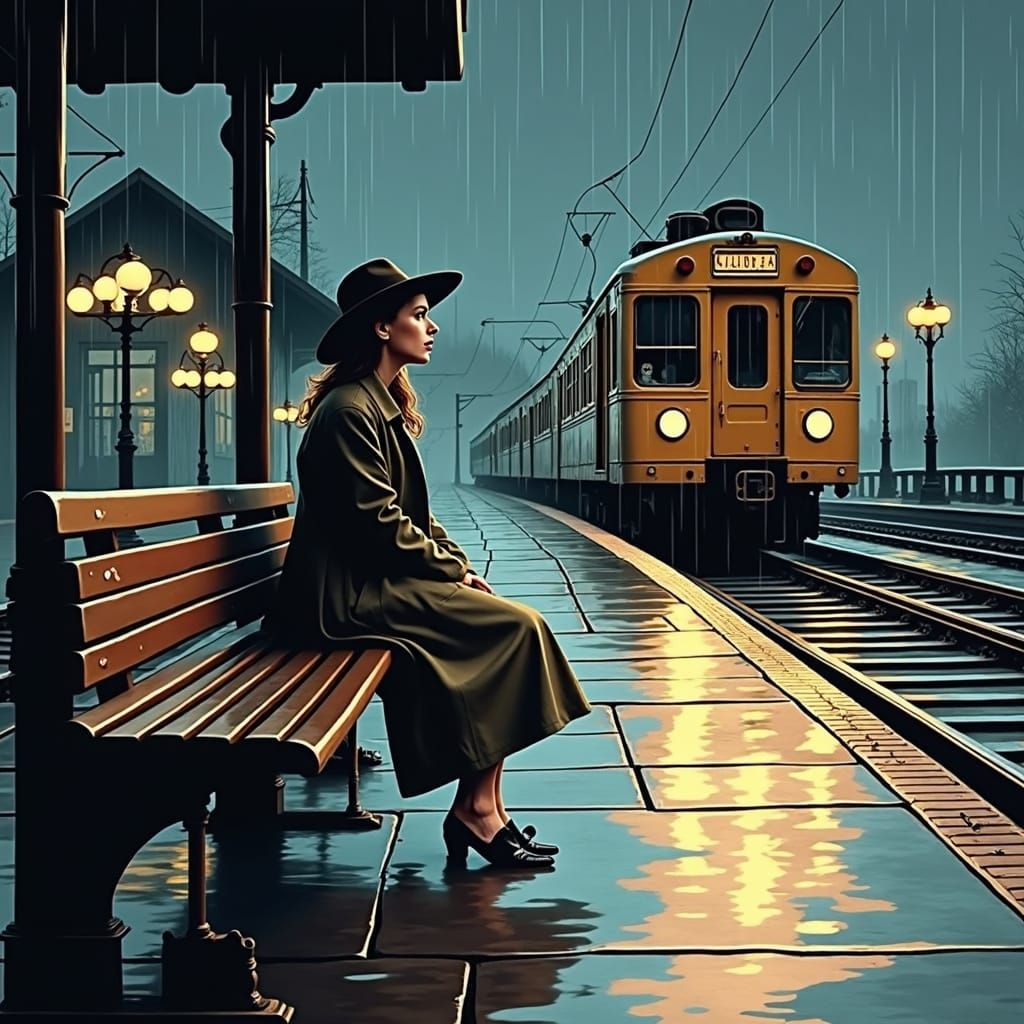 a woman sitting on a train station platform at night