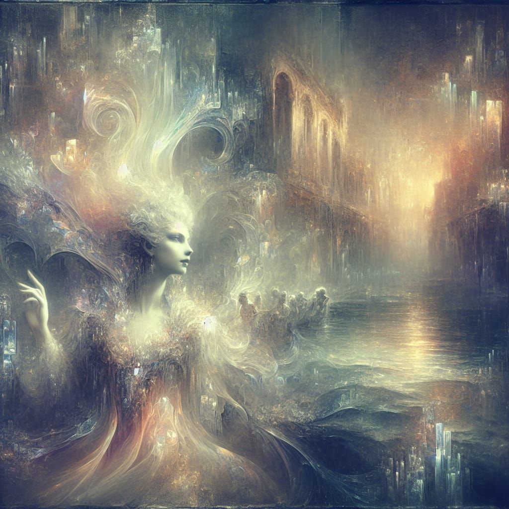 Goddess Rises from River in Romantic Oil Painting Style