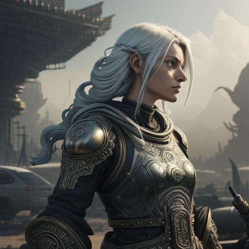 Regal Woman with Sword in Mystical Realm