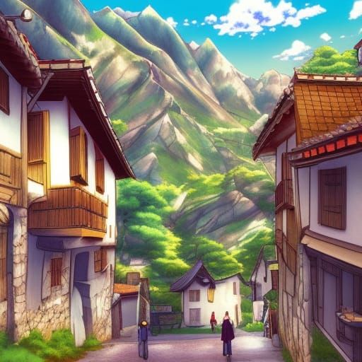 Pyrenees Mountain Town in Anime Style