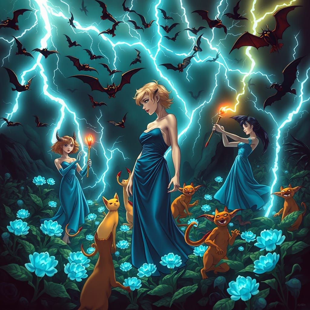 Anime Goddess with Bats, Cats, and Lightning in Whimsical La...