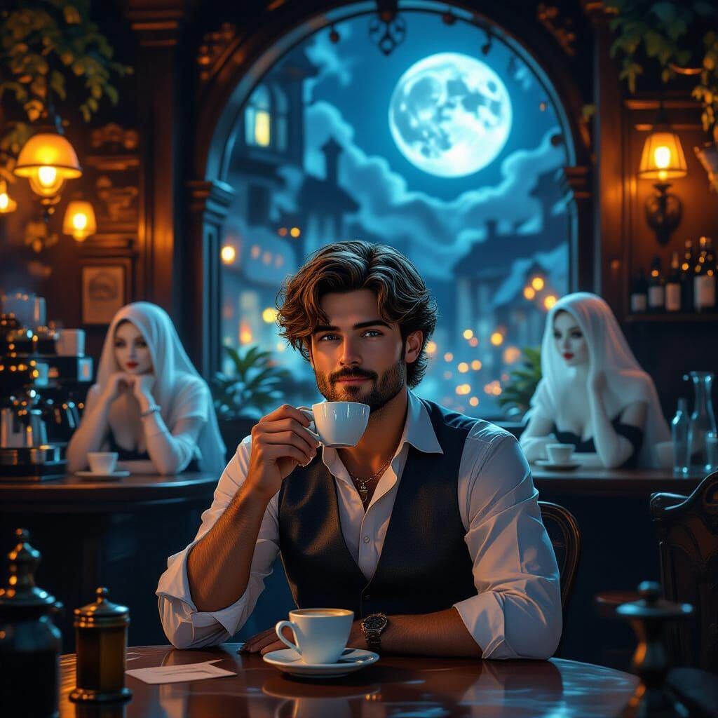 Eerie Moonlit Cafe With Ghostly Baristas