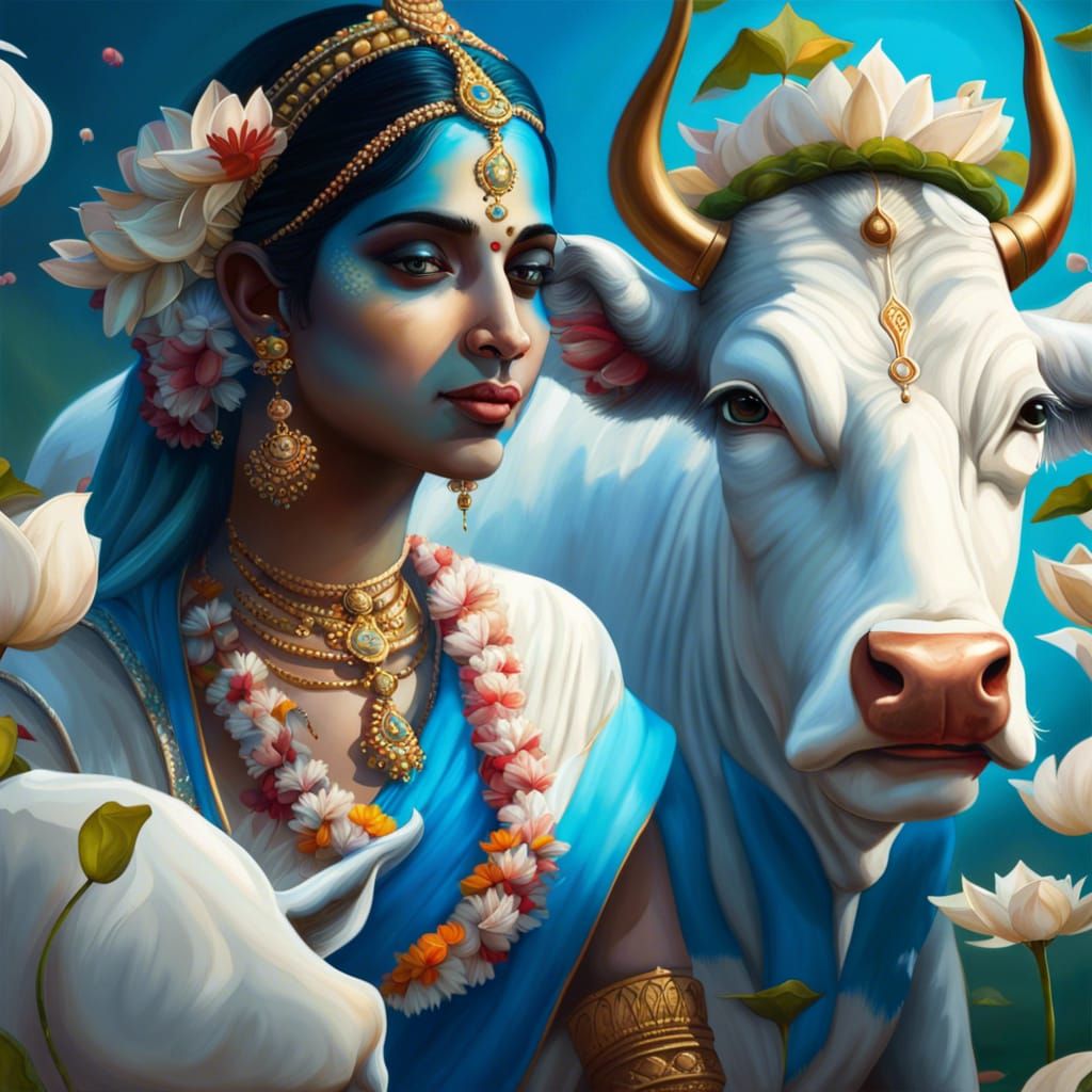 Krishna, Radha, and Gopis by Lotus Pond