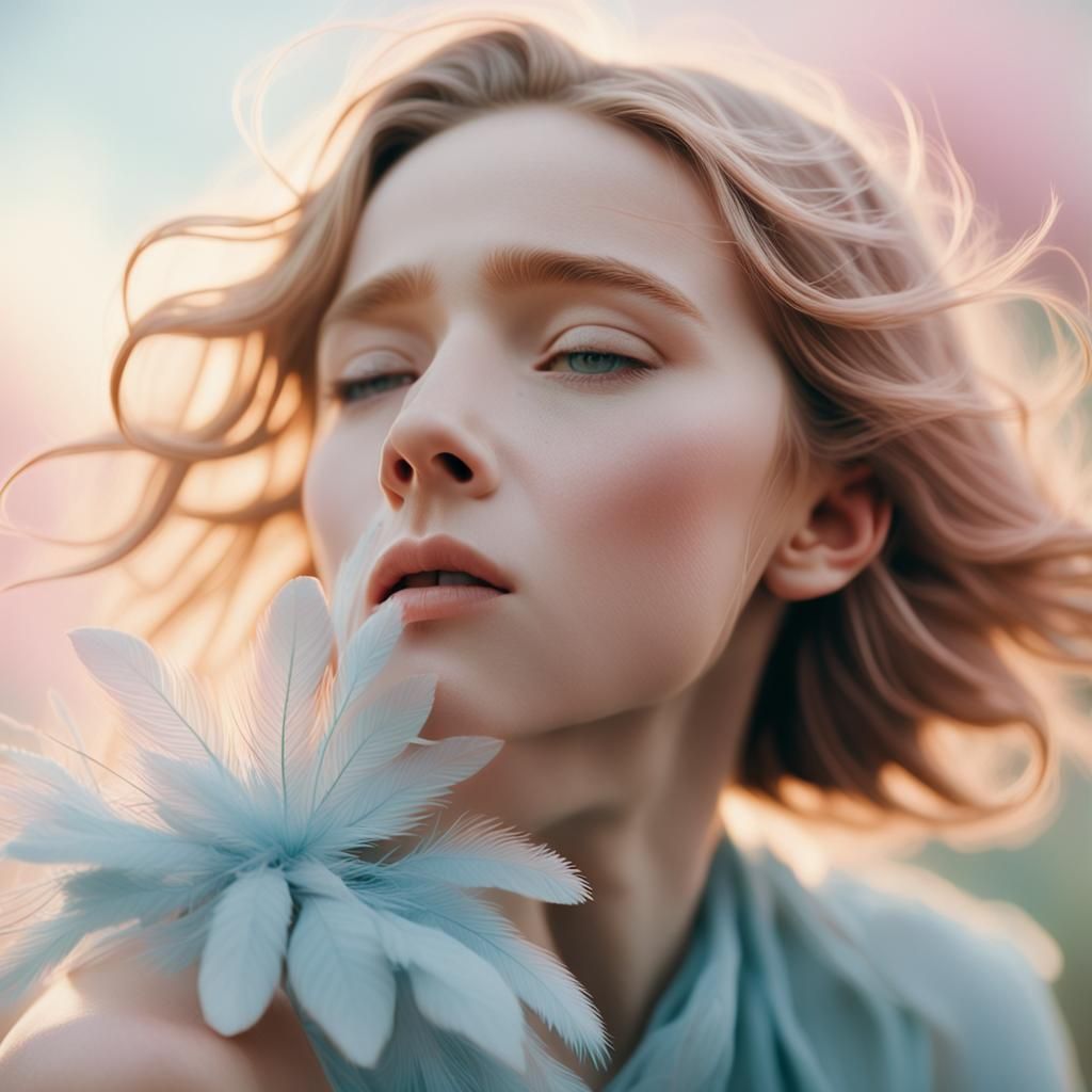 Gentle Face Inhaling, Soft Focus, Pastel Hues