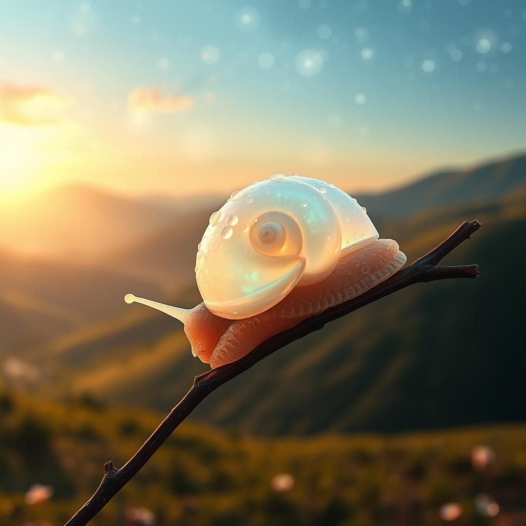Opal Snail Adorned with Dewdrops in Valley