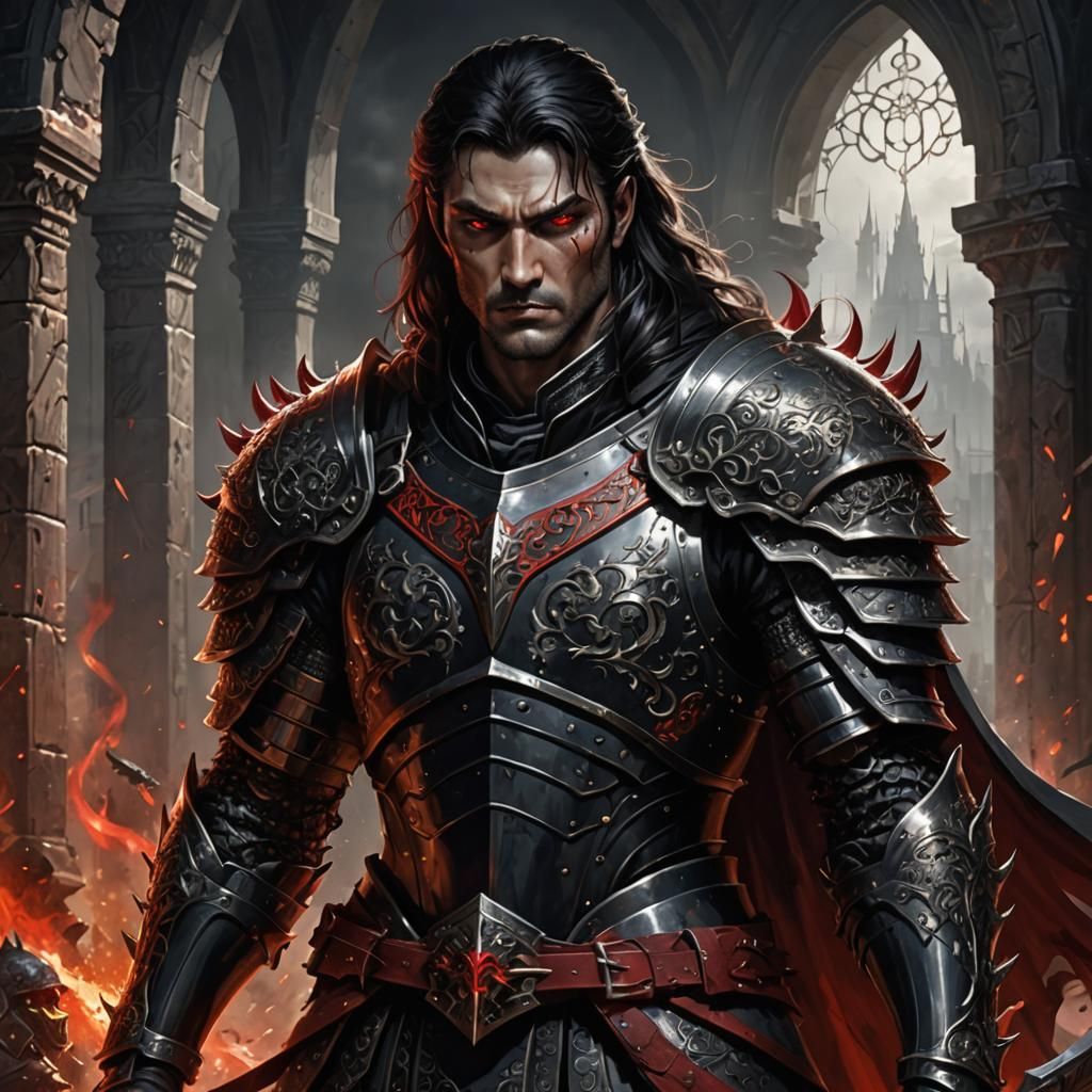 Warrior in Black Plate Armor with Red Eyes