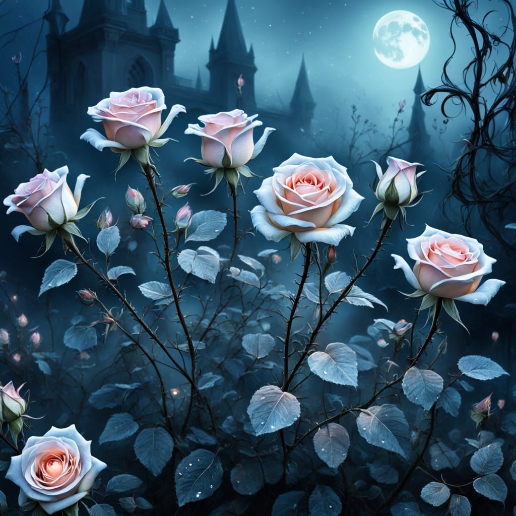 Ethereal Ghostly Roses in Moonlit Garden