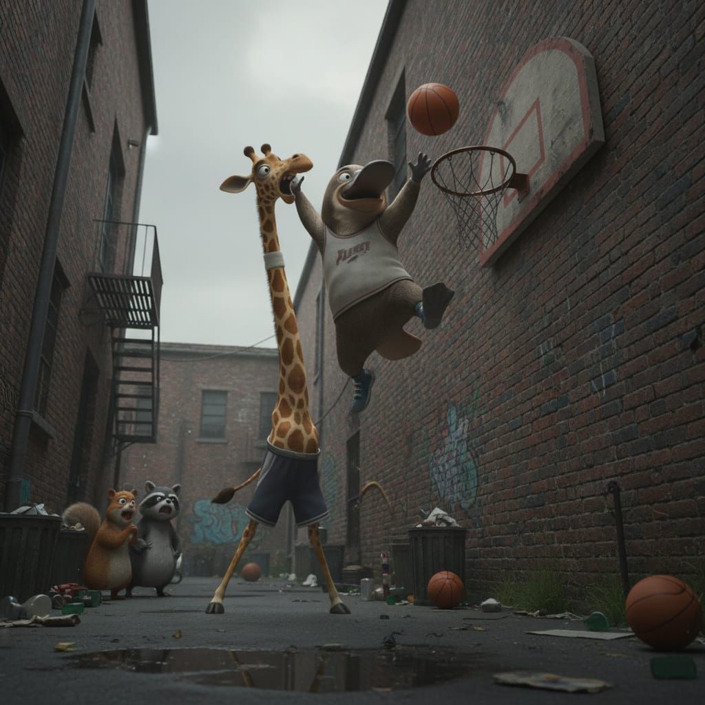Platypus Dunks on Giraffe in Alleyway Basketball Game
