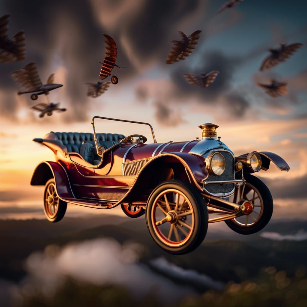 Flying Car with Wings Against Twilight Sky