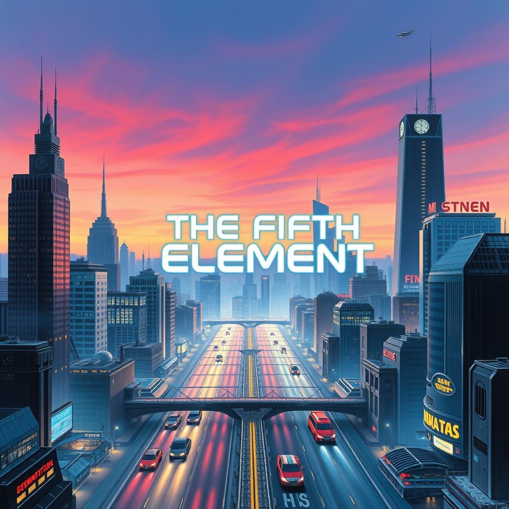 Futuristic Cityscape with Neon-Lit Movie Poster