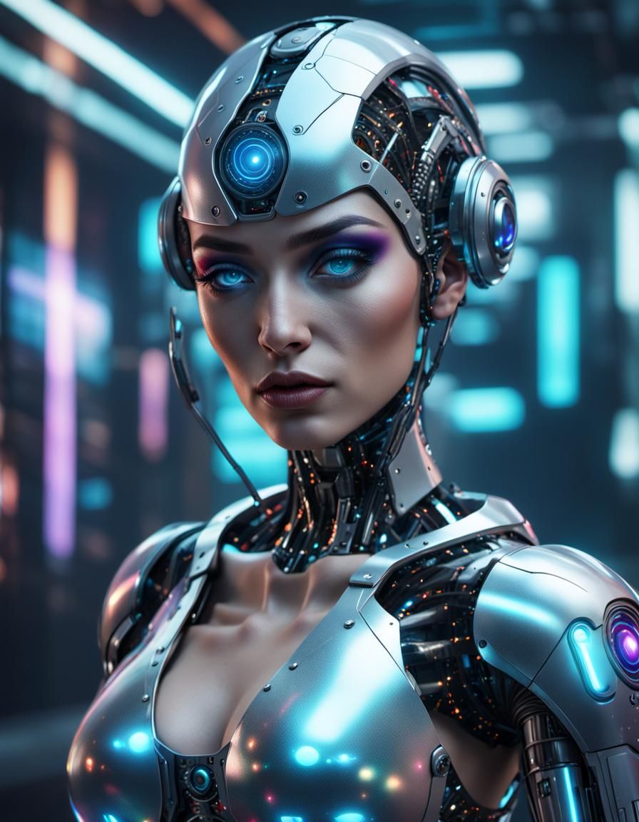 Beautiful Cyborg Woman with Transparent Body in Cyberpunk St...