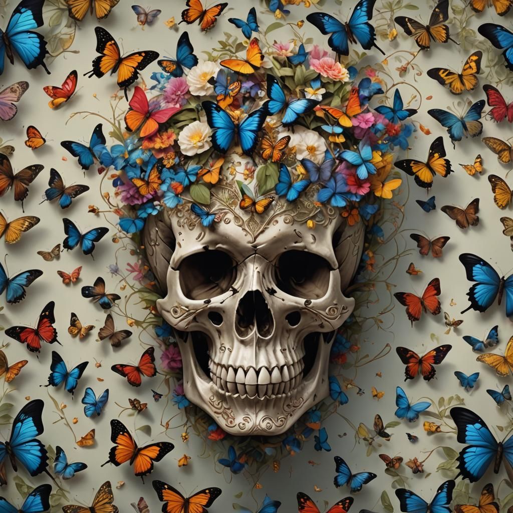 Skull with Butterflies in Hyper-Realistic Style