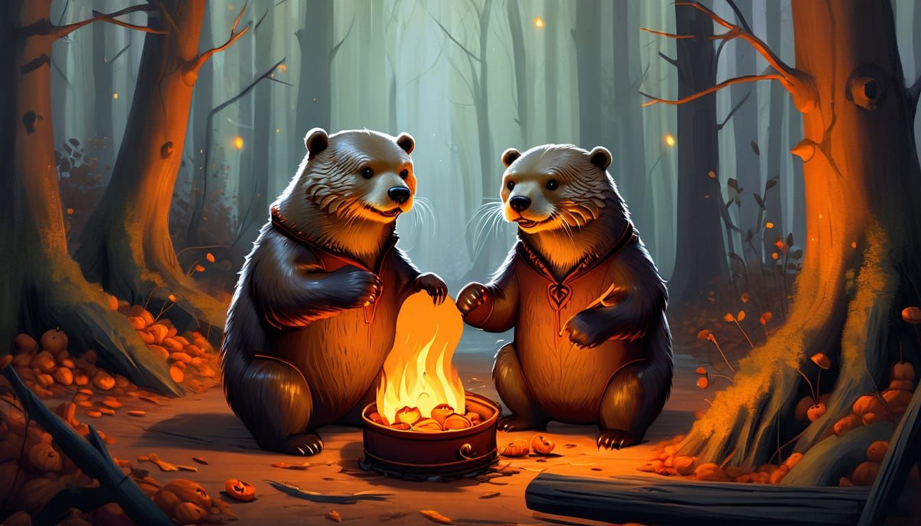Bear and Otter Friends in Spooky Woods