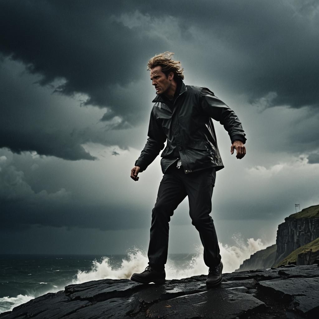 Man Battling Cliffside Storm in Cinematic Style