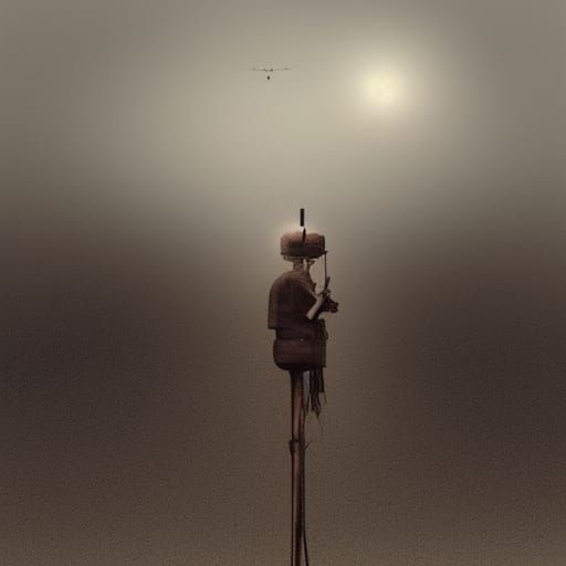 Surreal Desert Telegraph Pole in Watercolor Style