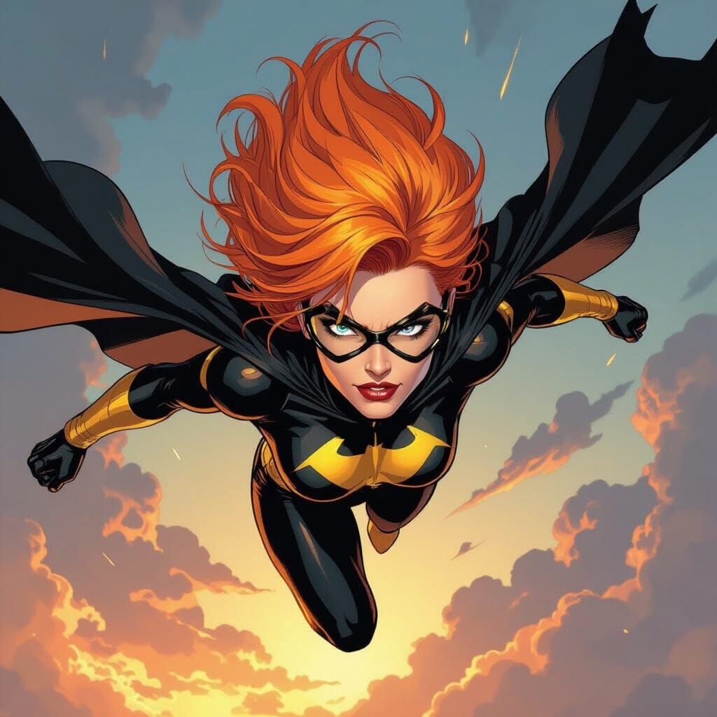 Superhero Woman in Flight with Orange Wolf Cut Hair