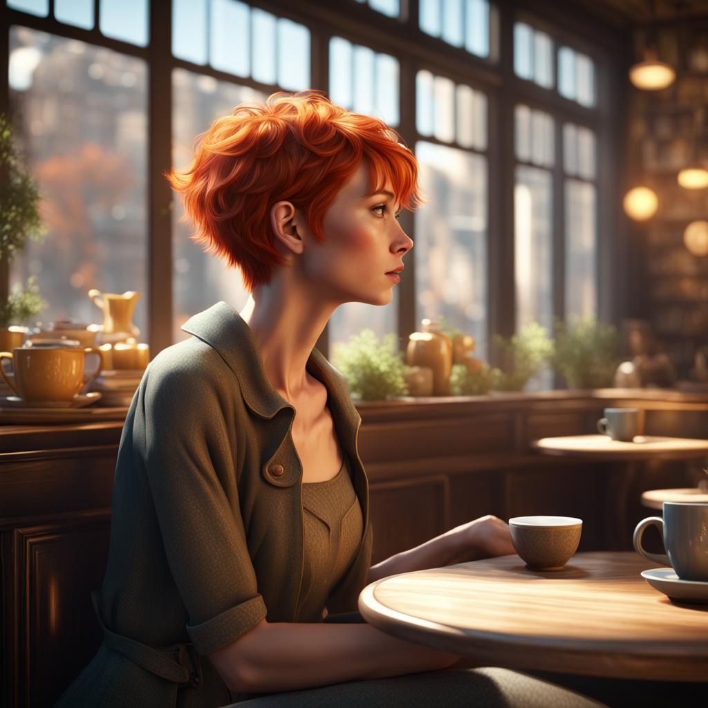 Ginger-Haired Woman in Sunny Cafe: Matte Painting