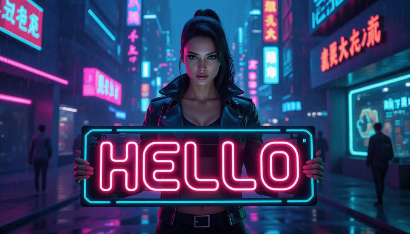 Neon Sign in Cyberpunk Cityscape