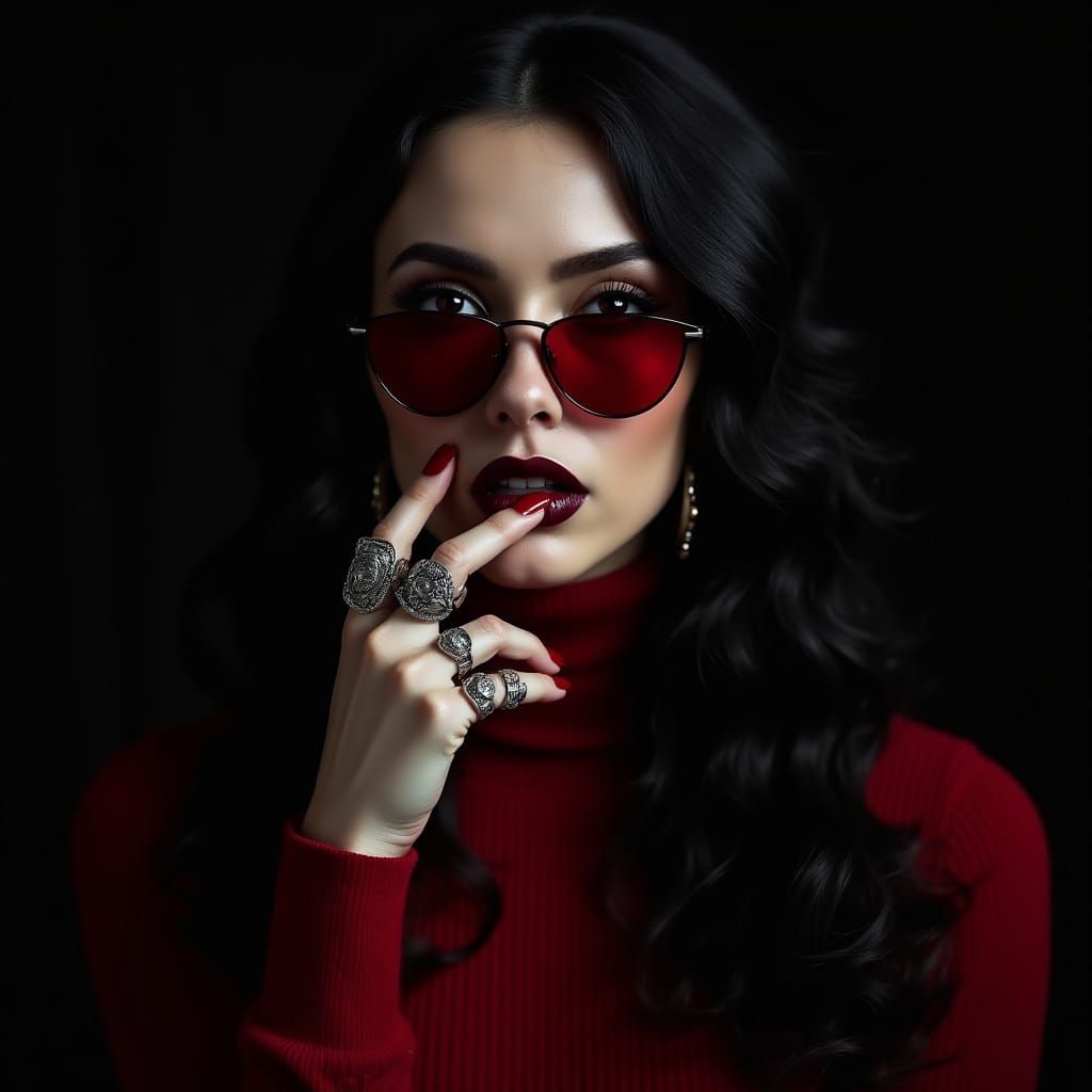 Woman with Red Sunglasses in Dark Academia Style