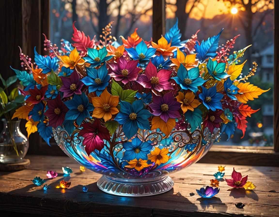 Glass Bowl with Fractal Flowers and Sunset