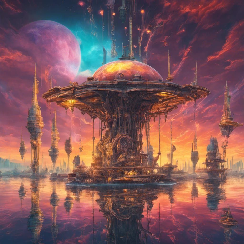 Colorful Alienpunk Waterworld Civilization at Golden Hour