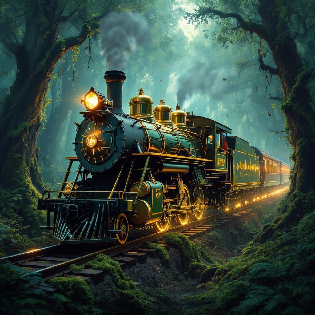 Bioluminescent Forest: Golden Locomotive with Crystal Guitar