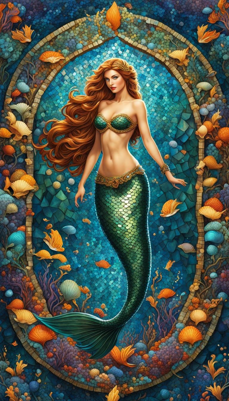 Intricate Mermaid Mosaic in Detailed Fantasy Art